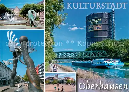 AK / Ansichtskarte Oberhausen Brunnen Wasserspiele Plastik Rheinpromenade Frachtkahn Bruecke Gasometer Oberhausen