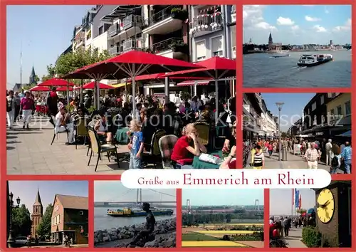 AK / Ansichtskarte Emmerich_Rhein Rheinpromenade Skyline Fussgaengerzone Rheinmuseum Kirche Poortekerl Statue Rheintal Pegelhaus Emmerich Rhein
