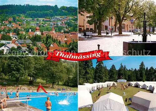 AK / Ansichtskarte Thalmaessing_Mittelfranken Stadtpanorama Freibad Marktplatz Brunnen Zeltlager Naturpark Altmuehltal Thalmaessing Mittelfranken