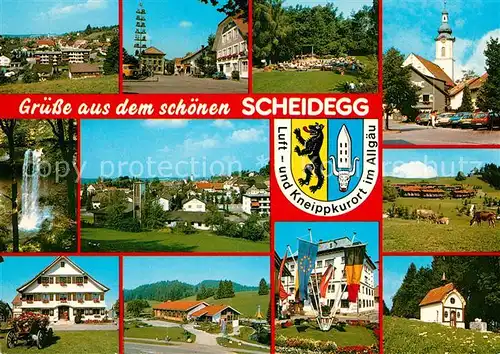 AK / Ansichtskarte Scheidegg_Allgaeu Teilansichten Luft  und Kneippkurort Wasserfall Kirche Fahnen Kapelle Viehweide Wappen Scheidegg Allgaeu