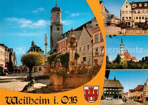 AK / Ansichtskarte Weilheim_Oberbayern Marktplatz Brunnen Kirche Innenstadt Weilheim Oberbayern