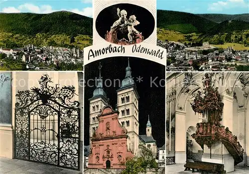 AK / Ansichtskarte Amorbach_Miltenberg Abteikirche Sankt Gangolf Kanzel gusseisernes Tor Engelsfiguren Fliegeraufnahme 