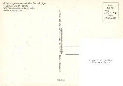 AK / Ansichtskarte Obernhof_Lahn Kloster Arnstein Klostermuehle Missionsgemeinschaft der Fackeltraeger Freizeitheim Bibelschule Obernhof_Lahn