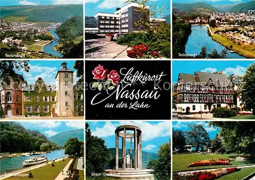AK / Ansichtskarte Nassau_Lahn Panorama Lahntal Klinik Steinsches Schloss Rathaus Fachwerkhaus Kurpark Anlagen Uferpromenade Dampfer Stein Denkmal Nassau_Lahn