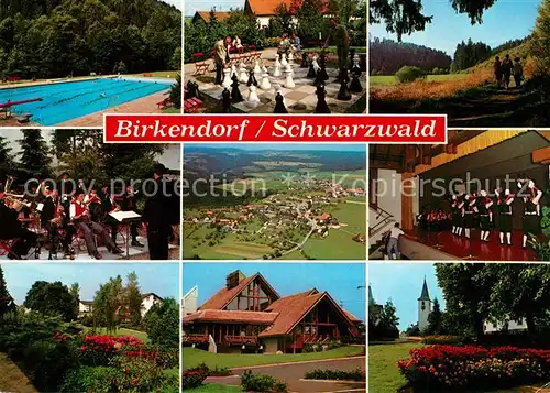 AK / Ansichtskarte Birkendorf Schwimmbad Gartenschach Konzert Fliegeraufnahme Trachtengruppe Stadthalle Kirche Birkendorf