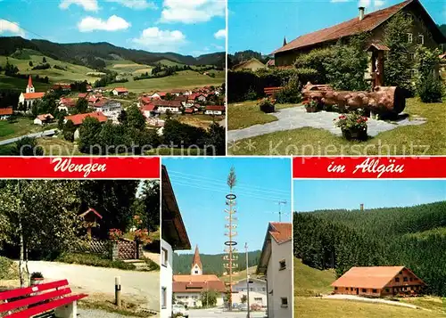 AK / Ansichtskarte Wengen_Kempten_Allgaeu Panorama Brunnen Park Maibaum Gasthaus Wengen_Kempten_Allgaeu