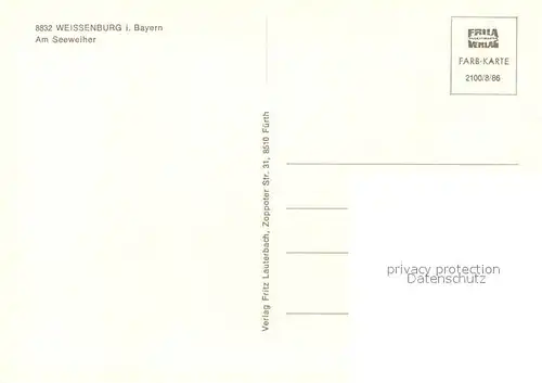 AK / Ansichtskarte Weissenburg_Bayern Seeweiher Schloss Weissenburg Bayern