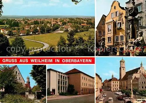 AK / Ansichtskarte Weilheim_Oberbayern Panorama Brunnen Schule Kirche Weilheim Oberbayern