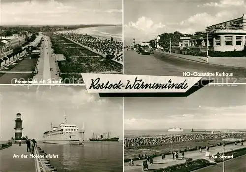 AK / Ansichtskarte Warnemuende_Ostseebad Promenade Strand HO Gaststaette Kurhaus Moleneinfahrt Faehre Leuchtturm Warnemuende_Ostseebad