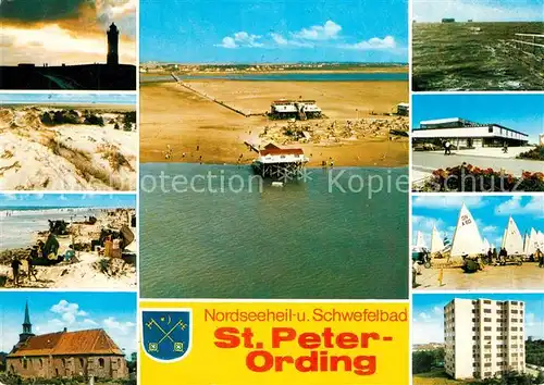 AK / Ansichtskarte St_Peter Ording Leuchtturm Duenen Strand Kirche Strandsegeln Hotel Hochhaus Fliegeraufnahme St_Peter Ording