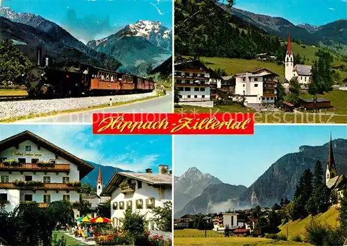 AK / Ansichtskarte Hippach Teilansichten Kirche Gasthof Restaurant Eisenbahn Dampflokomotive Zillertaler Alpen Hippach