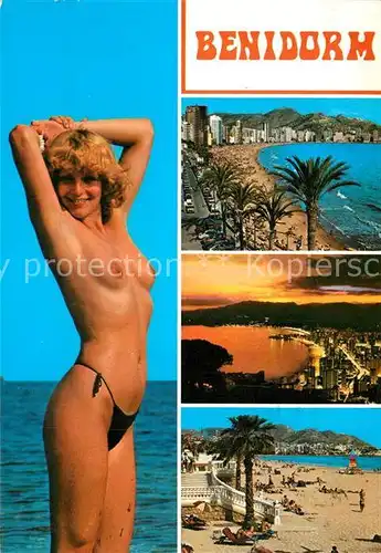 AK / Ansichtskarte Benidorm Badenixe Strand Kuestenpanorama Sonnenuntergang am Meer Benidorm