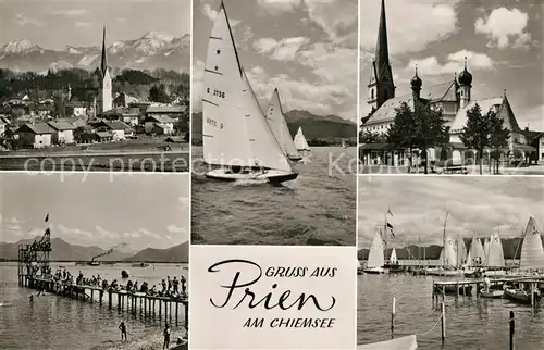 AK / Ansichtskarte Prien_Chiemsee Panorama Kirche Segelboote Steg Prien Chiemsee