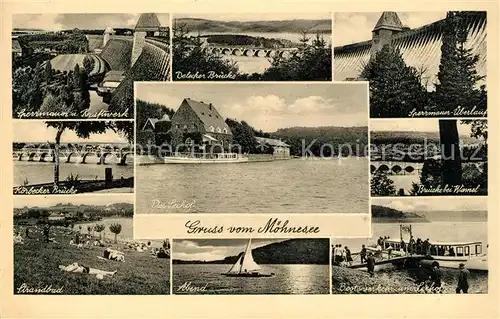 AK / Ansichtskarte Moehnesee Sperrmauer Kraftwerk ueberlauf Koerbecker Bruecke Strand Abend Moehnesee