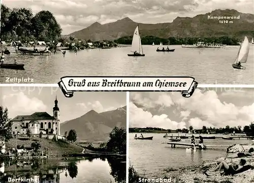 AK / Ansichtskarte Breitbrunn_Chiemsee Zeltplatz Dorfkirche Strandbad Kampenwand Breitbrunn Chiemsee