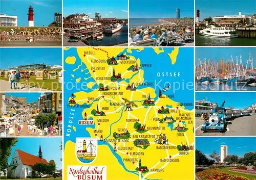 AK / Ansichtskarte Buesum_Nordseebad Leuchtturm Hafen Strand Segelbootanlegestelle Panoramakarte Buesum_Nordseebad
