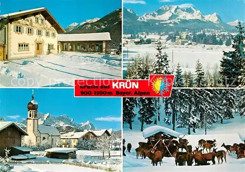 AK / Ansichtskarte Kruen Rathaus Pfarrkirche Wildfuetterung Zugspitzgruppe Winter Kruen
