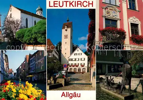 AK / Ansichtskarte Leutkirch_Allgaeu Kirche Strasse Marktplatz Hausfassade mit Balkon Gaenseliesel 