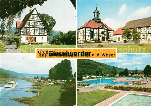 AK / Ansichtskarte Gieselwerder Rathaus Fachwerk Weserpartie Schwimmbad Gieselwerder