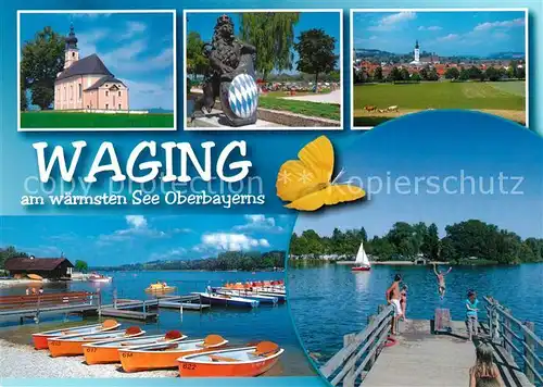 AK / Ansichtskarte Waging_See Kirche Monument Ortsblick Strand Seebruecke Waging_See