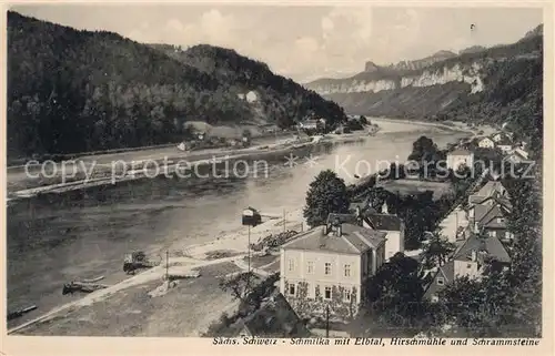 AK / Ansichtskarte Schmilka Panorama Elbtal Hirschmuehle Schrammsteine Elbsandsteingebirge Schmilka