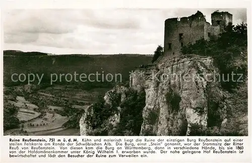 AK / Ansichtskarte Westerheim_Wuerttemberg Burgruine Reussenstein Schwaebische Alb Franckh Chronik Karte Westerheim_Wuerttemberg