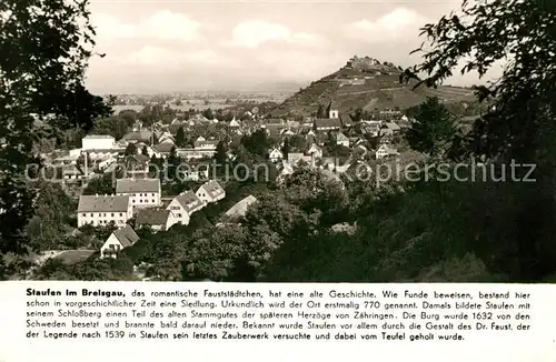 AK / Ansichtskarte Staufen_Breisgau Panorama Fauststadt Blick zum Schlossberg Burgruine Franckh Chronik Karte Staufen Breisgau