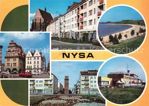 AK / Ansichtskarte Nysa Haeuserpartien Innenstadt Turm Hotel Restaurant Strand Nysa