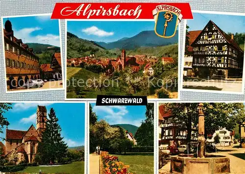 AK / Ansichtskarte Alpirsbach Teilansichten Fachwerkhaeuser Brunnen Kirche Park Panorama Schwarzwald Alpirsbach