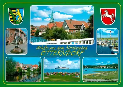 AK / Ansichtskarte Otterndorf_Niederelbe Ortsmotiv mit Kirche Hafen Haeuserpartie am Wasser Badestrand Dampfer Nordseebad Wappen Otterndorf Niederelbe