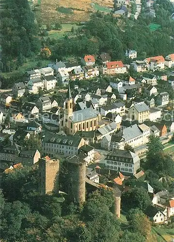 AK / Ansichtskarte Graevenwiesbach Stadtzentrum Burgruine Kirche Luftbild Bild 6 einer der 35 Standorte der Kreissparkasse des Hochtaunuskreises Graevenwiesbach