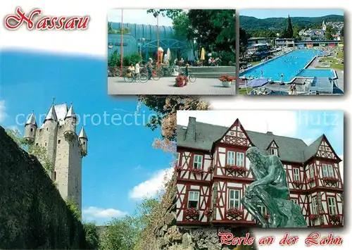 AK / Ansichtskarte Nassau_Lahn Burg Freibad Rathaus Fachwerkhaus Historisches Gebaeude Brunnenfigur Nassau_Lahn