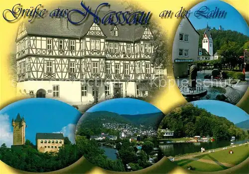 AK / Ansichtskarte Nassau_Lahn Rathaus Fachwerkhaus Brunnen Kirche Burg Uferpromenade an der Lahn Stadtpanorama Nassau_Lahn