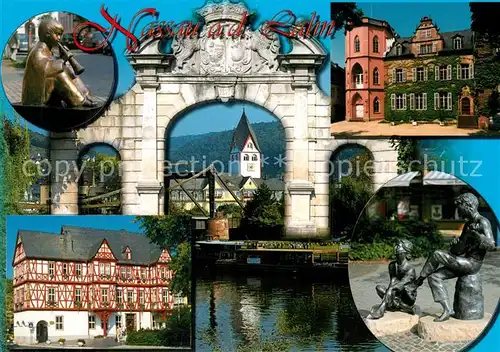 AK / Ansichtskarte Nassau_Lahn Trompeter Skulptur Plastik Rathaus Historisches Gebaeude Fachwerkhaus Torbogen Kirche Nassau_Lahn