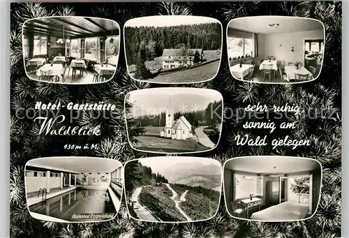 AK / Ansichtskarte Kniebis_Freudenstadt Hotel Gaststaette Waldblick Gastraeume Hallenbad Zimmer Kirche Kniebis_Freudenstadt