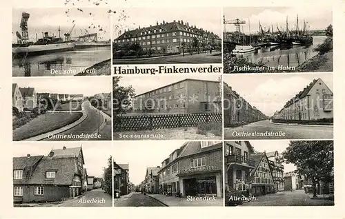 AK / Ansichtskarte Finkenwerder Deutsche Werft Fischkutter Hafen Seemannschule Auedeich Finkenwerder