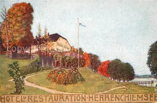 AK / Ansichtskarte Herrenchiemsee Herreninsel Hotel Restauration Kuenstlerkarte Herrenchiemsee