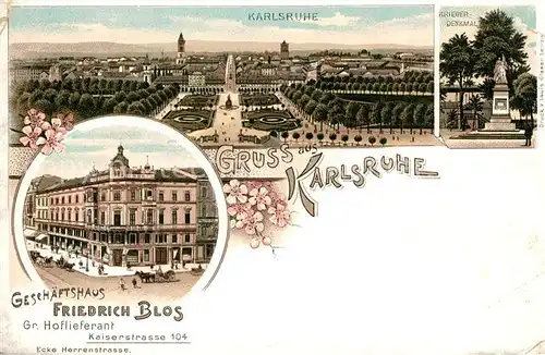 AK / Ansichtskarte Karlsruhe_Baden Geschaeftshaus Friedrich Blos Kriegerdenkmal Karlsruhe_Baden