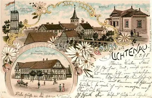 AK / Ansichtskarte Lichtenau_Baden Bahnhof Feuerwehr Steigturm Gasthaus Bierbrauerei zur Blume Lichtenau_Baden