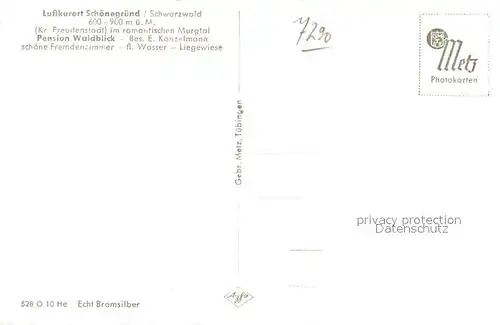 AK / Ansichtskarte Schoenegruend Pension Waldblick Landschaftspanorama Schwarzwald Bromsilber Schoenegruend