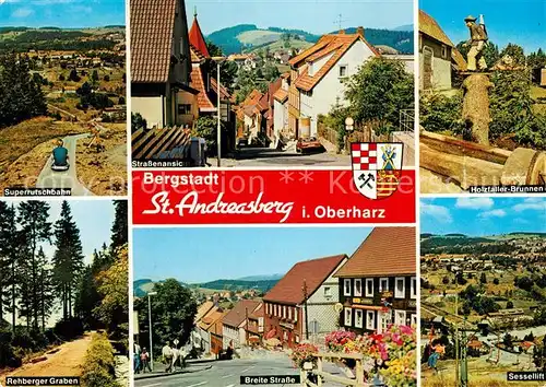 AK / Ansichtskarte St_Andreasberg_Harz Sommerrodelbahn Sessellift Breite Strasse Rehberger Graben Holzfaeller Brunnen St_Andreasberg_Harz