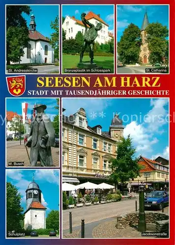 AK / Ansichtskarte Seesen_Harz Bronzeplastik im Schlosspark Denkmal W. Busch Schulplatz Jacobsonstrasse Seesen Harz