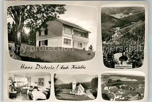 AK / Ansichtskarte Kniebis_Freudenstadt Gaestehaus Pension Haus Dieterle Kirche Landschaftspanorama Ellbachseeblick Fliegeraufnahme Kniebis_Freudenstadt