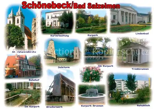 AK / Ansichtskarte Schoenebeck_Salzelmen Lindenbad Kurpark Soleturm Gradierwerk Rehaklinik Kirche Schoenebeck Salzelmen