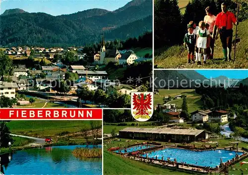 AK / Ansichtskarte Fieberbrunn_Tirol Kinder in Tracht Lauchteich Freibad Fieberbrunn Tirol