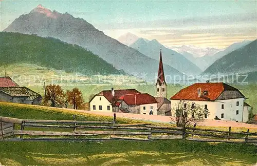 AK / Ansichtskarte Patsch Dorfansicht mit Kirche Landschaftspanorama Alpen Stubaier Gletscher Kuenstlerkarte Patsch