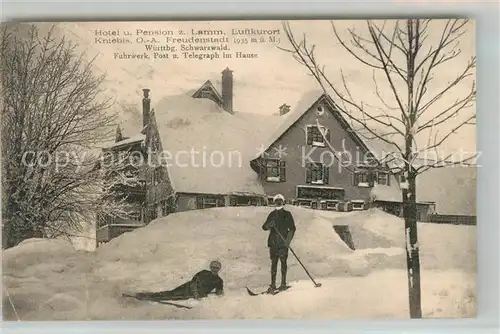 AK / Ansichtskarte Kniebis_Freudenstadt Hotel Pension zum Lamm Skifahrer Kurort Wintersportplatz Schwarzwald Kniebis_Freudenstadt