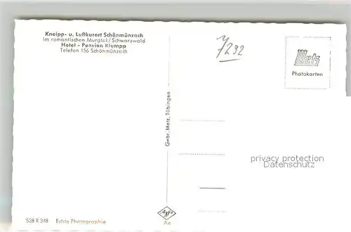 AK / Ansichtskarte Schoenmuenzach Hotel Pension Klumpp Kurort im Murgtal Schwarzwald Schoenmuenzach