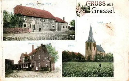AK / Ansichtskarte Grassel Kirche Molkerei Gasthof zum deutschen Hause Grassel