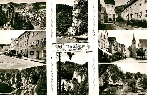 AK / Ansichtskarte Velden_Mittelfranken Pegnitz Marktplatz Roter Fels Muehle Stadttor Velden Mittelfranken